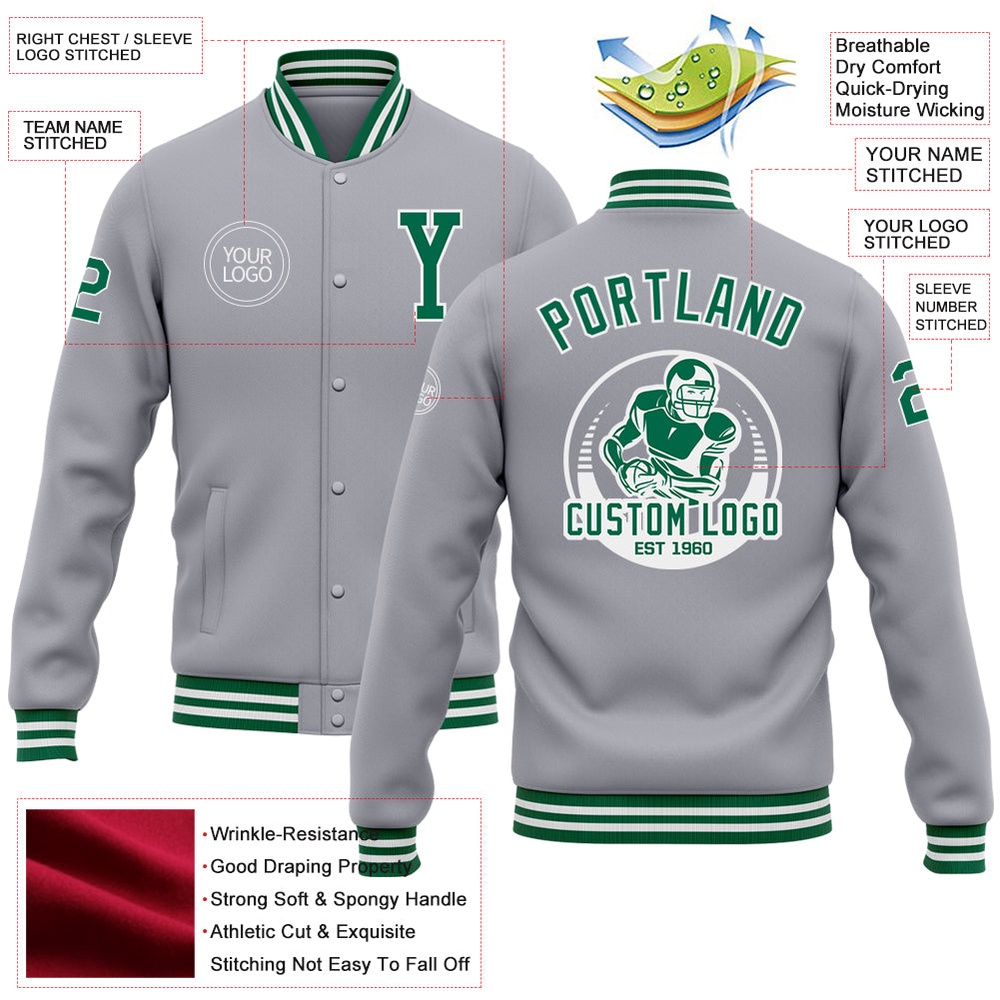 Custom Gray Kelly Green White Bomber Full Snap Baseball Jacket, Custom Team Jacket