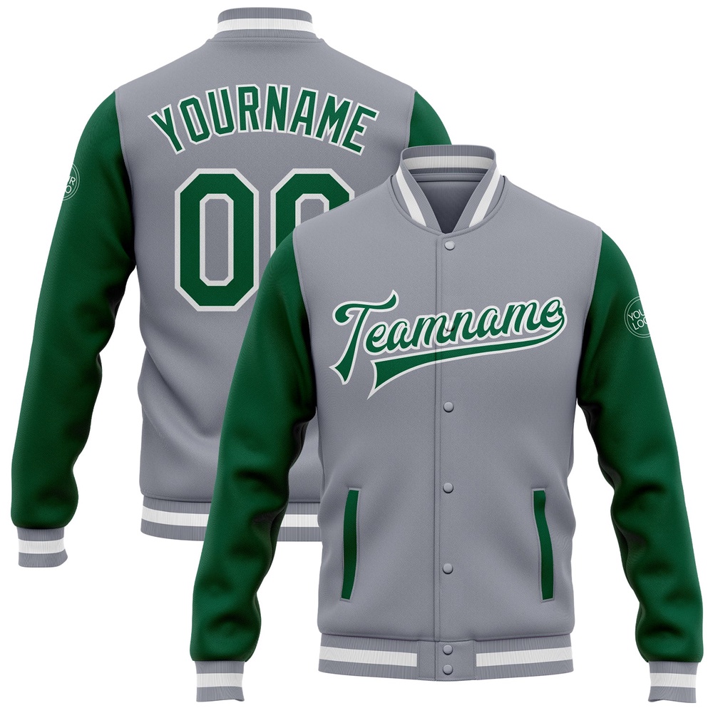 Custom Gray Kelly Green White Bomber Full Snap Varsity Baseball Jacket, Custom Team Jacket