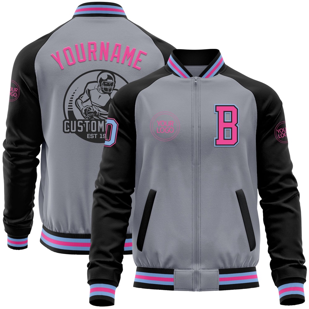 Custom Gray Light Blue Black Pink Bomber Varsity Baseball Jacket, Custom Team Jacket