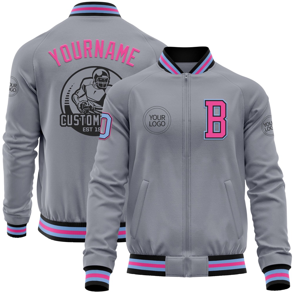 Custom Gray Light Blue Black Pink Bomber Varsity Letterman Zipper Jacket, Custom Team Jacket
