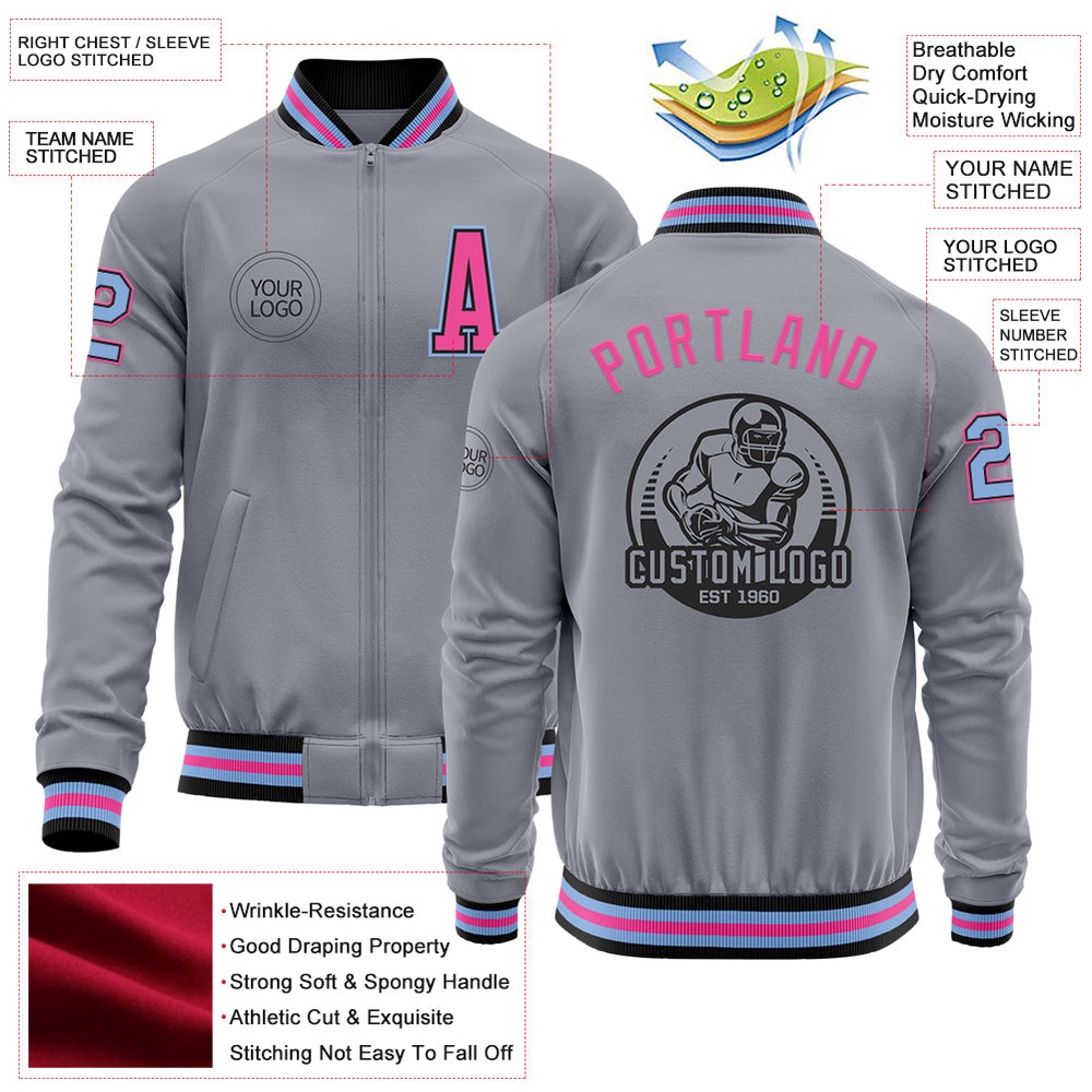Custom Gray Light Blue Black Pink Bomber Varsity Letterman Zipper Jacket, Custom Team Jacket