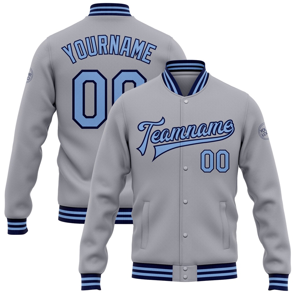 Custom Gray Light Blue Navy Bomber Full Snap Baseball Jacket, Custom Team Jacket