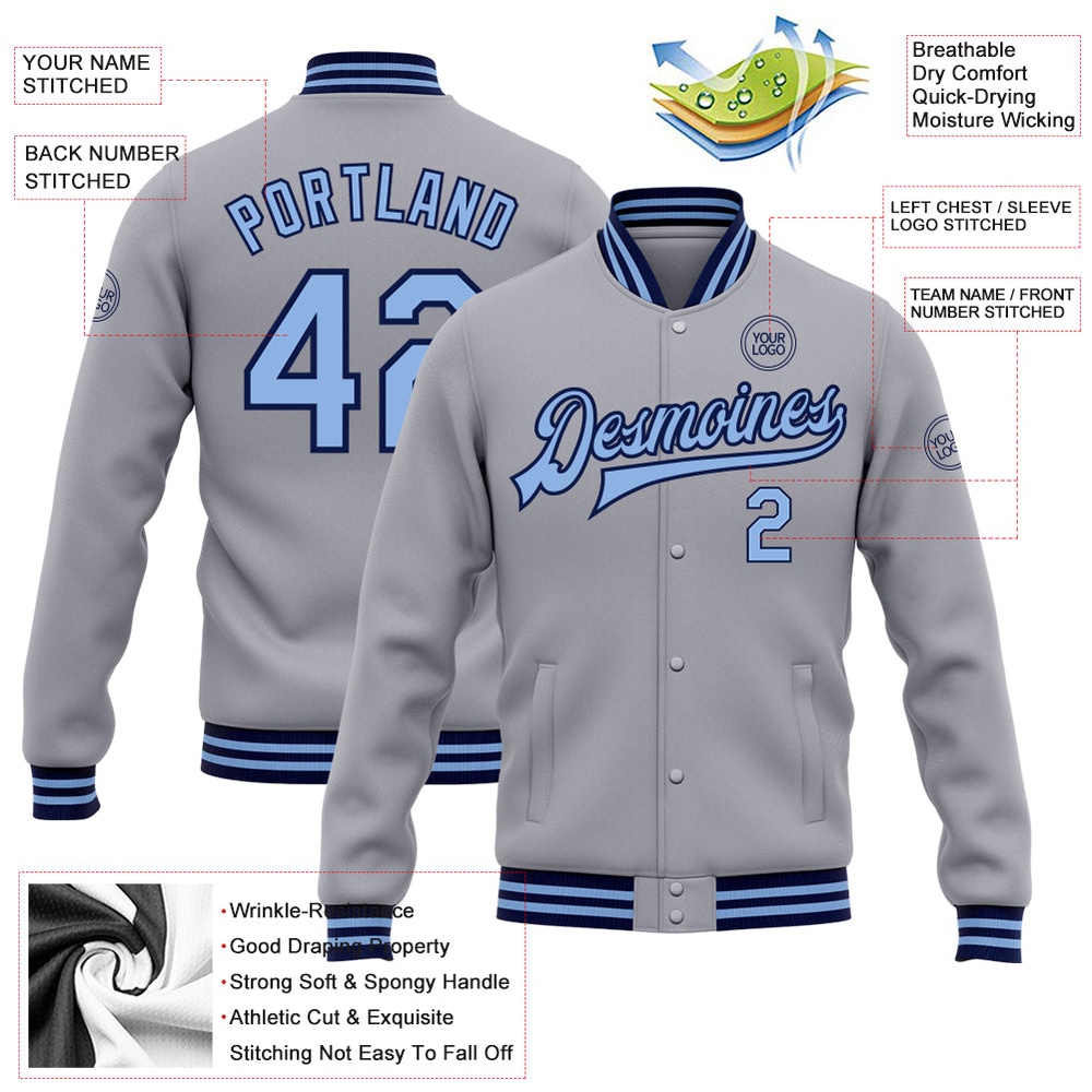 Custom Gray Light Blue Navy Bomber Full Snap Baseball Jacket, Custom Team Jacket