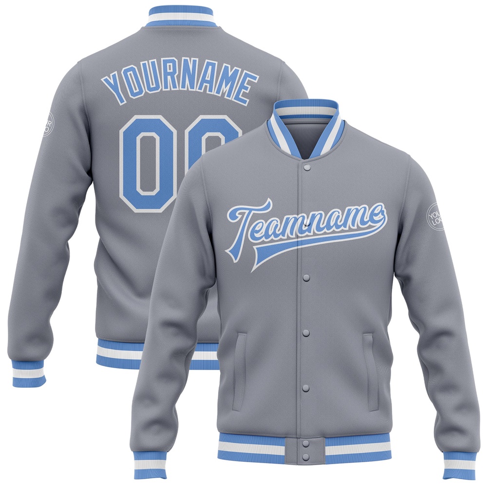 Custom Gray Light Blue White Bomber Full Snap Baseball Jacket, Custom Team Jacket