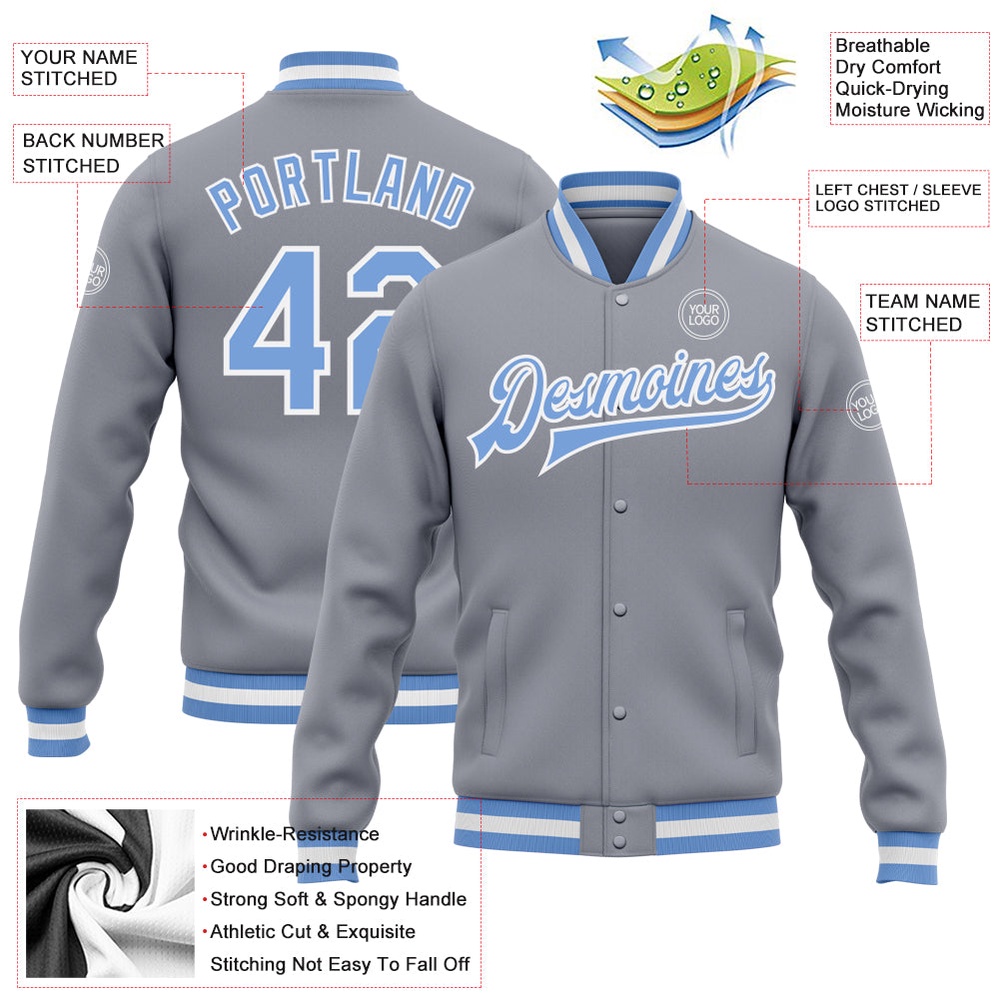 Custom Gray Light Blue White Bomber Full Snap Baseball Jacket, Custom Team Jacket