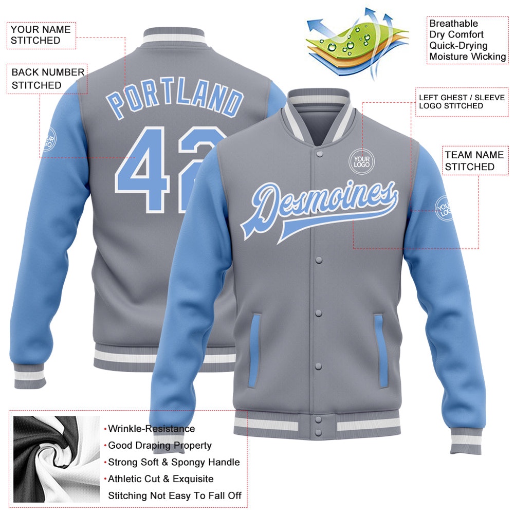 Custom Gray Light Blue White Bomber Full Snap Varsity Baseball Jacket, Custom Team Jacket