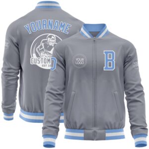 Custom Gray Light Blue White Bomber Varsity…