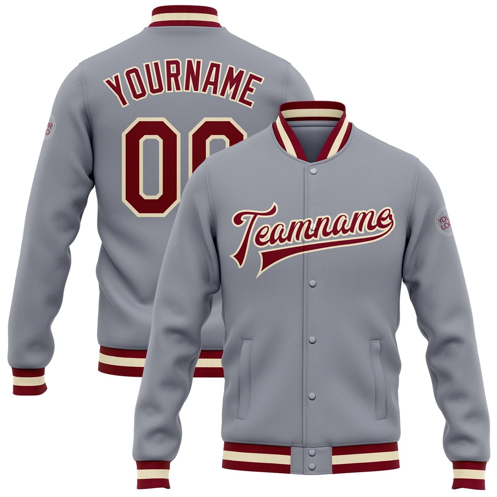 Custom Gray Maroon Cream Bomber Full Snap Baseball Jacket, Custom Team Jacket
