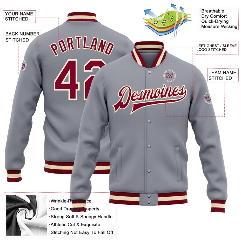 Custom Gray Maroon Cream Bomber Full Snap Baseball Jacket, Custom Team Jacket