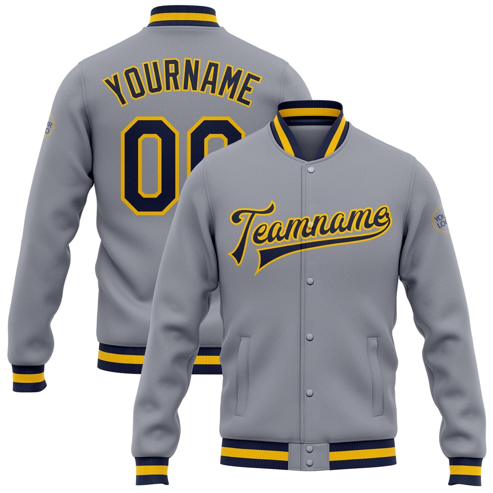 Custom Gray Navy Gold Bomber Full Snap Baseball Jacket, Custom Team Jacket