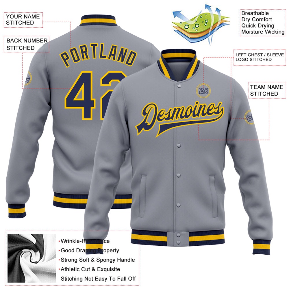 Custom Gray Navy Gold Bomber Full Snap Baseball Jacket, Custom Team Jacket