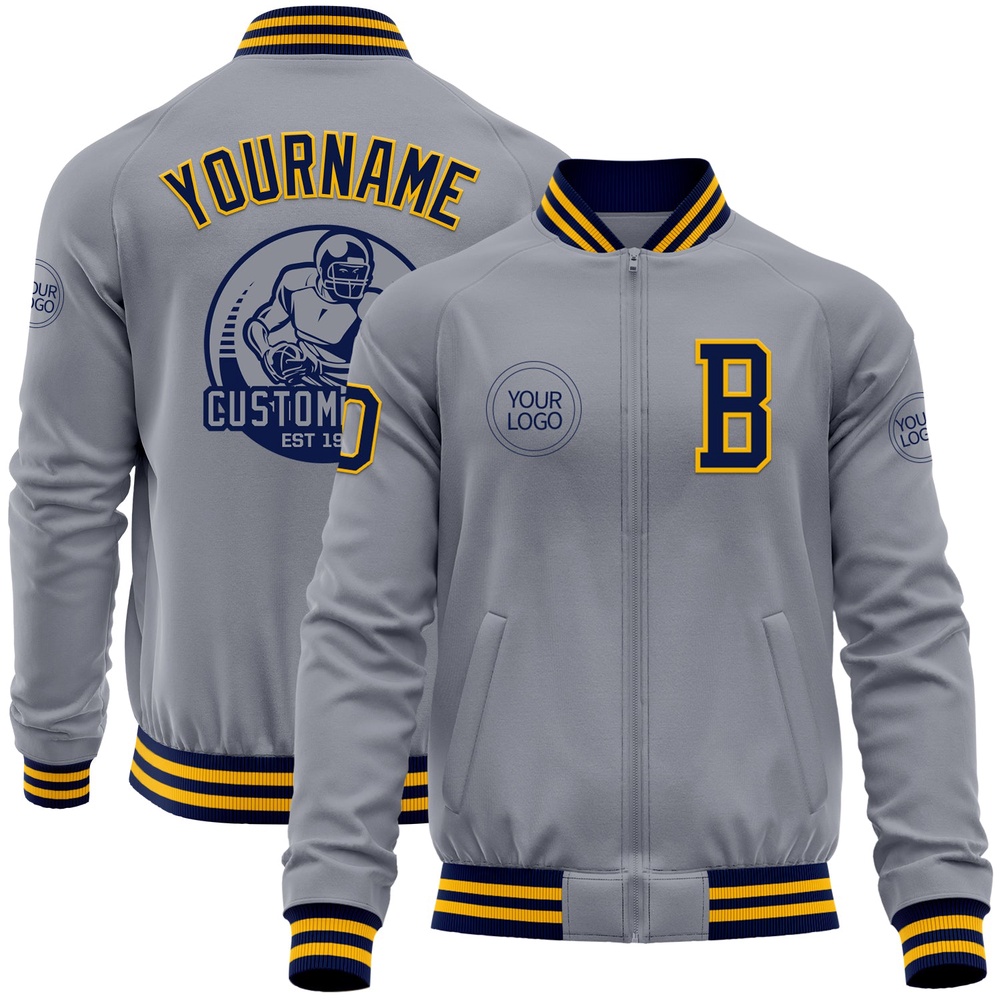 Custom Gray Navy Gold Bomber Varsity Baseball Jacket, Custom Team Jacket