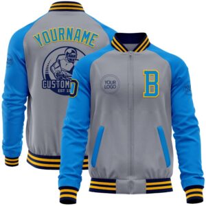 Custom Gray Navy Gold Powder Blue Varsity…