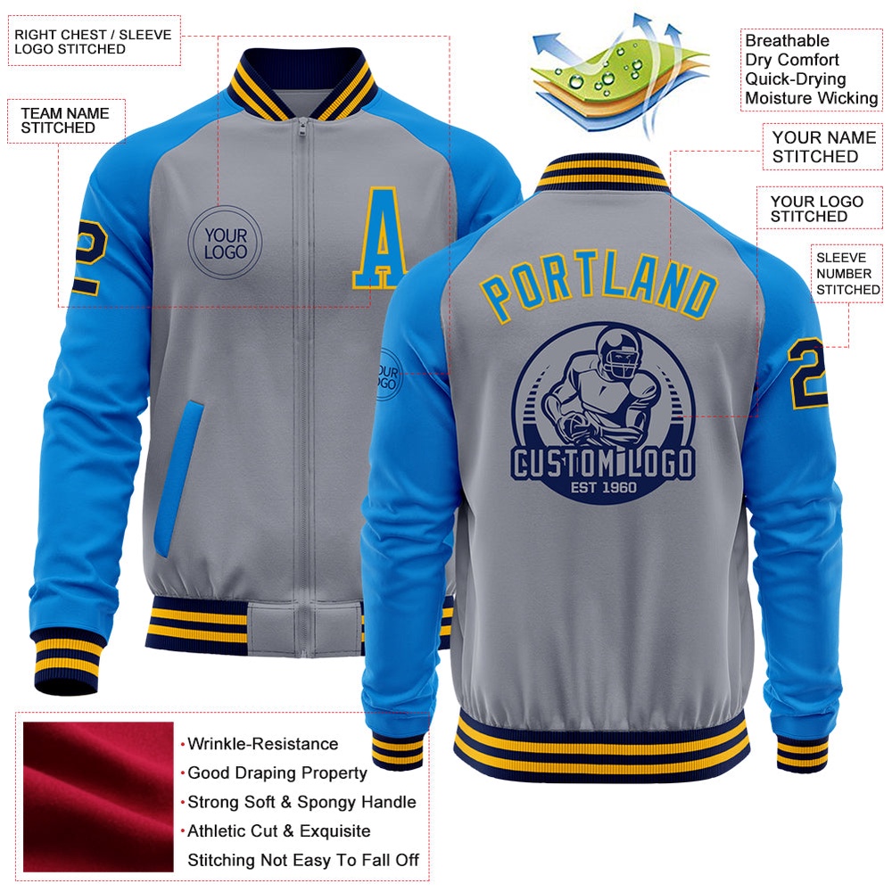Custom Gray Navy Gold Powder Blue Varsity Baseball Jacket, Custom Team Jacket