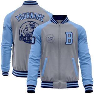 Custom Gray Navy Light Blue Bomber Varsity…
