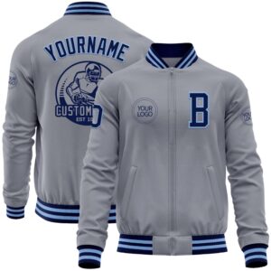 Custom Gray Navy Light Blue Bomber Varsity…