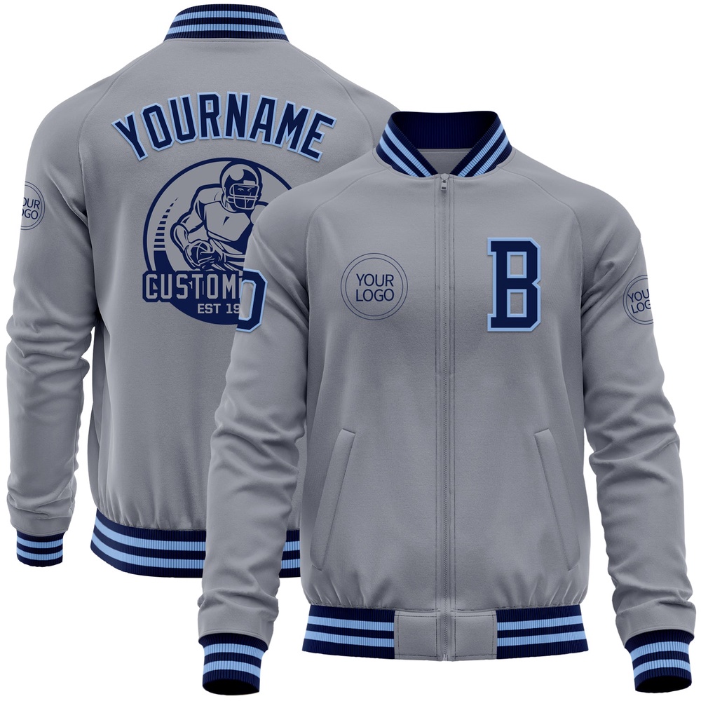 Custom Gray Navy Light Blue Bomber Varsity Letterman Zipper Jacket, Custom Team Jacket