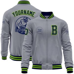 Custom Gray Navy Neon Green Bomber Varsity…
