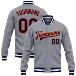 Custom Gray Navy Orange Bomber Full Snap…