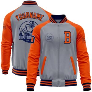 Custom Gray Navy Orange Bomber Varsity Baseball…