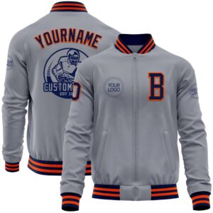 Custom Gray Navy Orange Bomber Varsity Letterman…
