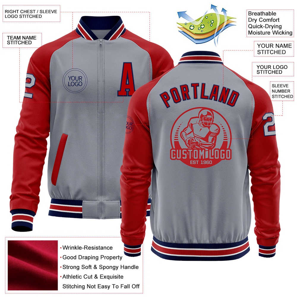 Custom Gray Navy Red Bomber Varsity Baseball Jacket, Custom Team Jacket Custom Gray Navy Red Bomber Varsity Baseball Jacket, Custom Team Jacket