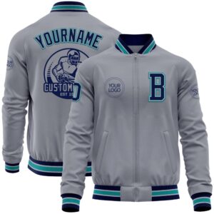 Custom Gray Navy Teal Bomber Varsity Baseball…