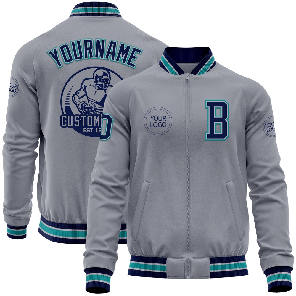 Custom Gray Navy Teal Bomber Varsity Baseball Jacket, Custom Team Jacket Custom Gray Navy Teal Bomber Varsity Baseball Jacket, Custom Team Jacket