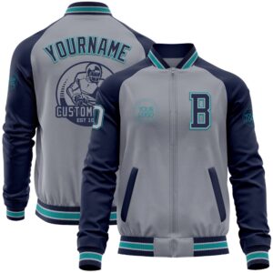 Custom Gray Navy Teal Varsity Baseball Jacket,…