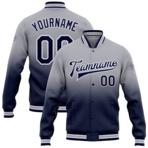 Custom Gray Navy White Bomber Full Snap…