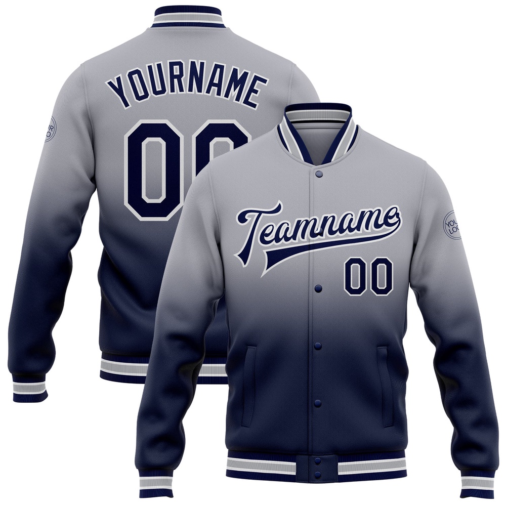 Custom Gray Navy White Bomber Full Snap Baseball Jacket, Custom Team Jacket Custom Gray Navy White Bomber Full Snap Baseball Jacket, Custom Team Jacket