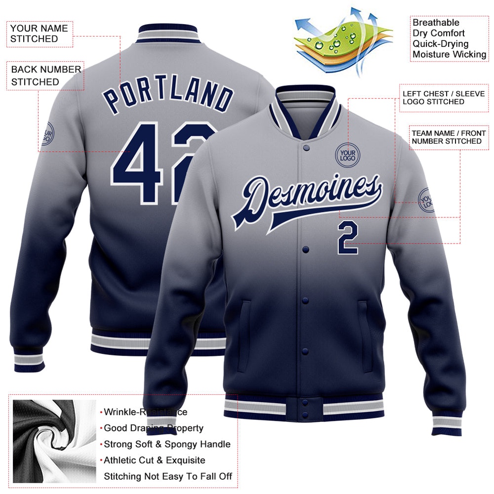 Custom Gray Navy White Bomber Full Snap Baseball Jacket, Custom Team Jacket Custom Gray Navy White Bomber Full Snap Baseball Jacket, Custom Team Jacket
