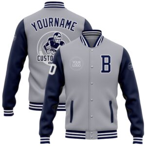 Custom Gray Navy White Bomber Full Snap…