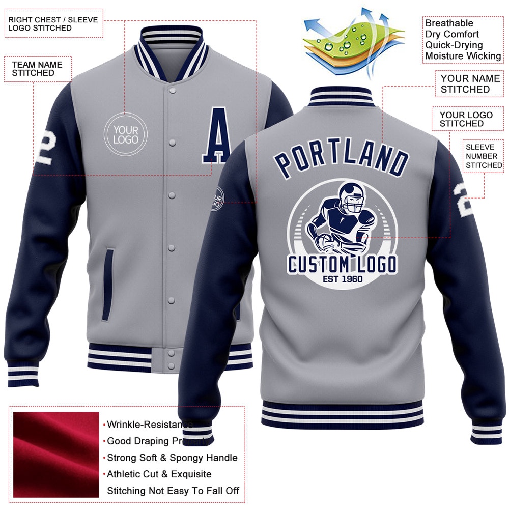 Custom Gray Navy White Bomber Full Snap Varsity Baseball Jacket, Custom Team Jacket Custom Gray Navy White Bomber Full Snap Varsity Baseball Jacket, Custom Team Jacket