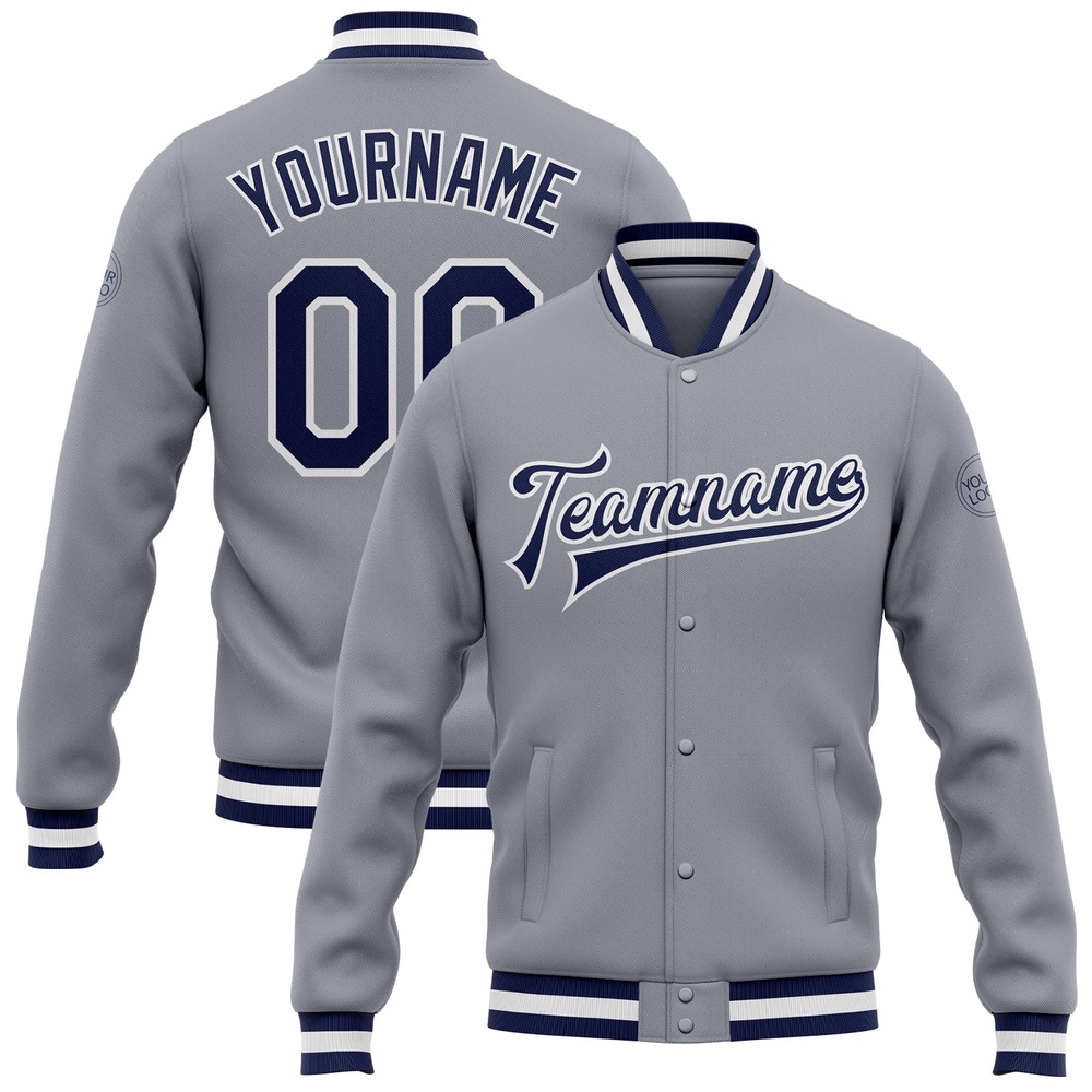 Custom Gray Navy White Bomber Full Snap Varsity Letterman Jacket, Custom Team Jacket Custom Gray Navy White Bomber Full Snap Varsity Letterman Jacket, Custom Team Jacket