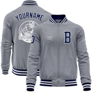 Custom Gray Navy White Bomber Varsity Baseball…