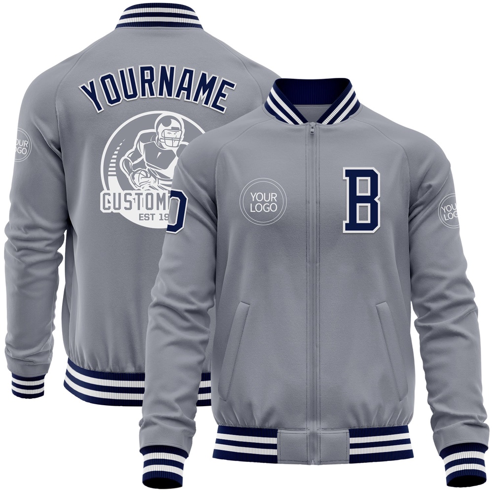 Custom Gray Navy White Bomber Varsity Baseball Jacket, Custom Team Jacket Custom Gray Navy White Bomber Varsity Baseball Jacket, Custom Team Jacket