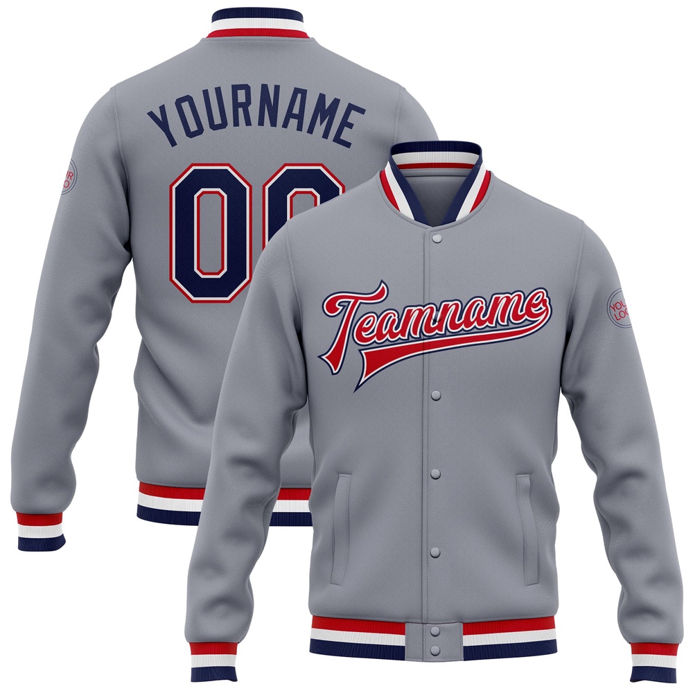 Custom Gray Navy White Red Bomber Full Snap Baseball Jacket, Custom Team Jacket Custom Gray Navy White Red Bomber Full Snap Baseball Jacket, Custom Team Jacket
