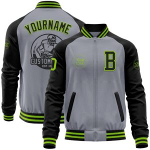 Custom Gray Neon Green Black Bomber Varsity…