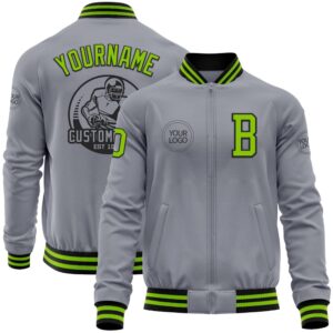 Custom Gray Neon Green Black Bomber Varsity…