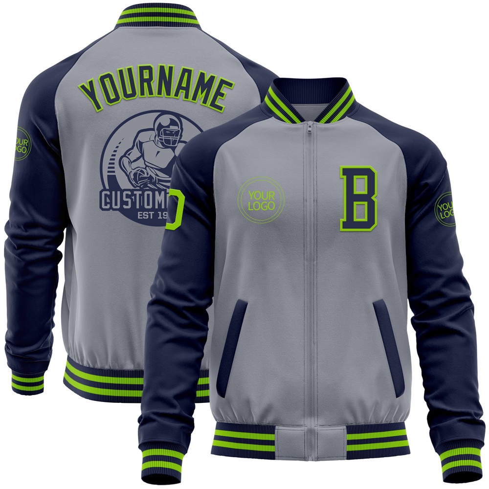 Custom Gray Neon Green Navy Varsity Baseball Jacket, Custom Team Jacket Custom Gray Neon Green Navy Varsity Baseball Jacket, Custom Team Jacket