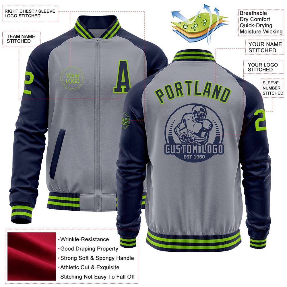 Custom Gray Neon Green Navy Varsity Baseball Jacket, Custom Team Jacket Custom Gray Neon Green Navy Varsity Baseball Jacket, Custom Team Jacket