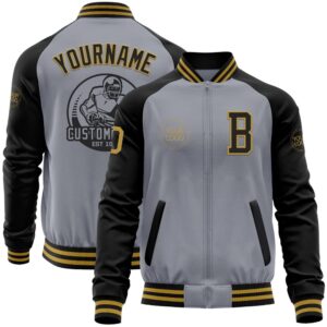 Custom Gray Old Gold Black Bomber Varsity…