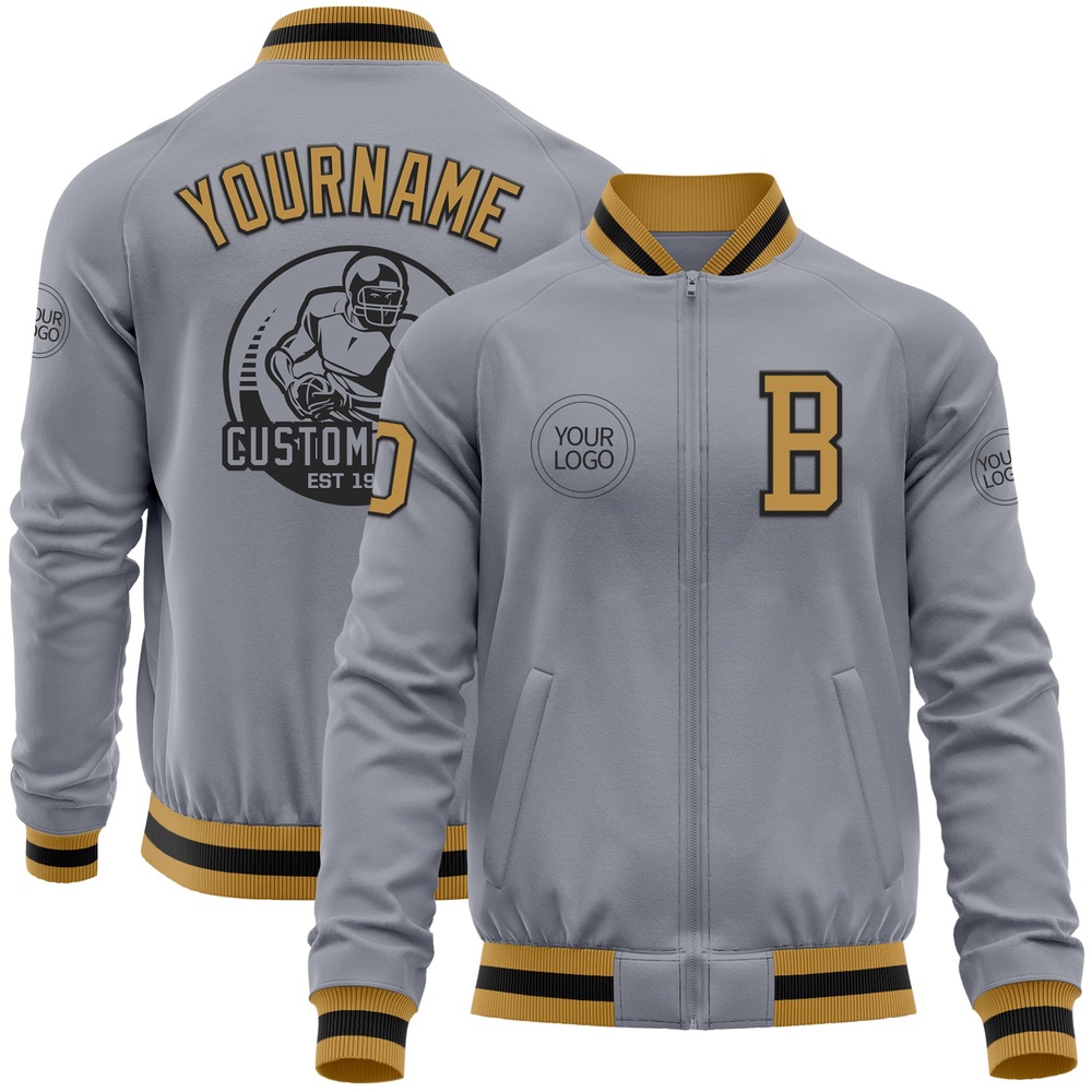 Custom Gray Old Gold Black Bomber Varsity Letterman Zipper Jacket, Custom Team Jacket