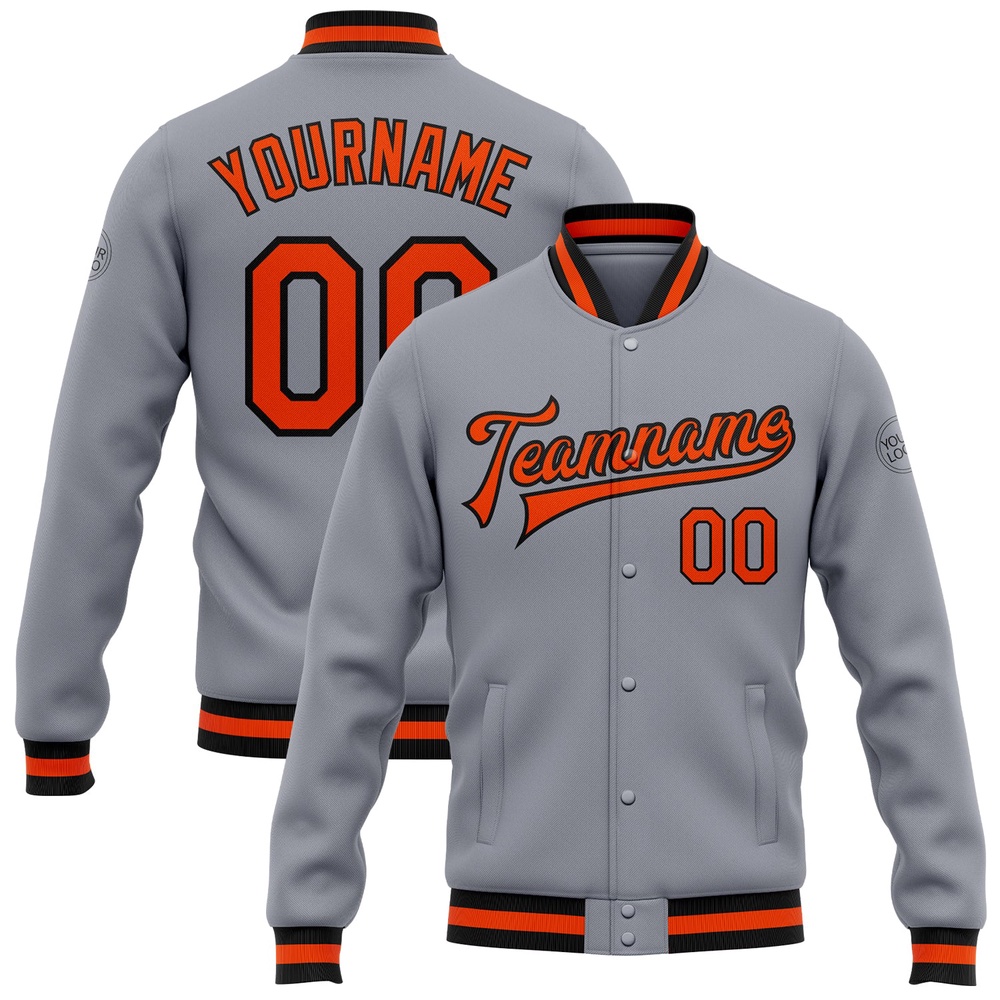 Custom Gray Orange Black Bomber Full Snap Baseball Jacket, Custom Team Jacket