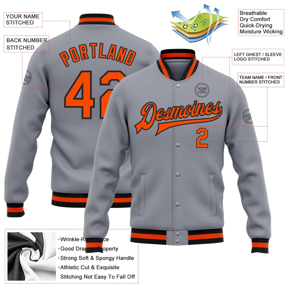 Custom Gray Orange Black Bomber Full Snap Baseball Jacket, Custom Team Jacket