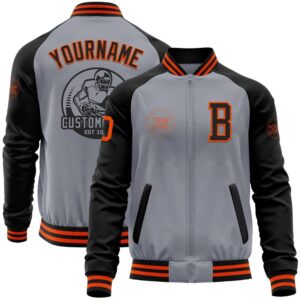 Custom Gray Orange Black Bomber Varsity Baseball…
