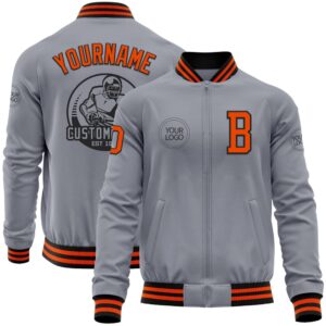 Custom Gray Orange Black Bomber Varsity Letterman…