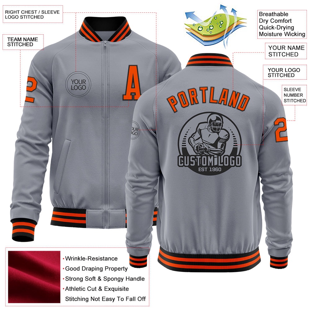 Custom Gray Orange Black Bomber Varsity Letterman Zipper Jacket, Custom Team Jacket