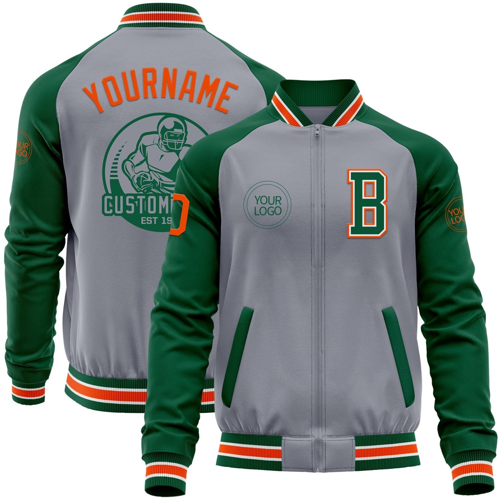 Custom Gray Orange Kelly Green Varsity Baseball Jacket, Custom Team Jacket